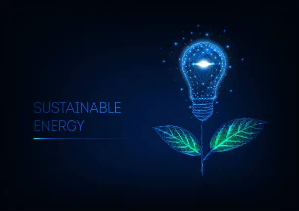 Vector illustration of Sustainable energy concept. Futuristic glowing low poly flower made of light bulb and green leaves.