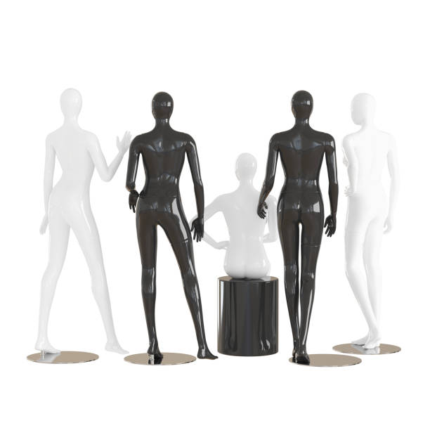 istock Five faceless female mannequins sit and stand on an isolated white background. 3D rendering 1177917431