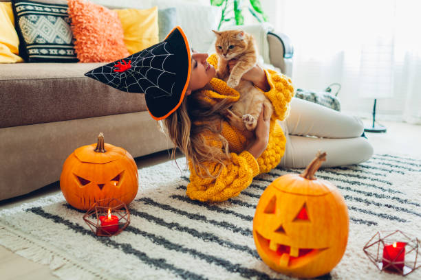 Halloween jack-o-lantern pumpkins. Woman in hat playing with cat lying on carpet decorated with pumpkins and candles. Halloween jack-o-lantern pumpkins. Woman in hat playing with cat lying on carpet at home decorated with pumpkins and candles. halloween pumpkin human face candlelight stock pictures, royalty-free photos & images