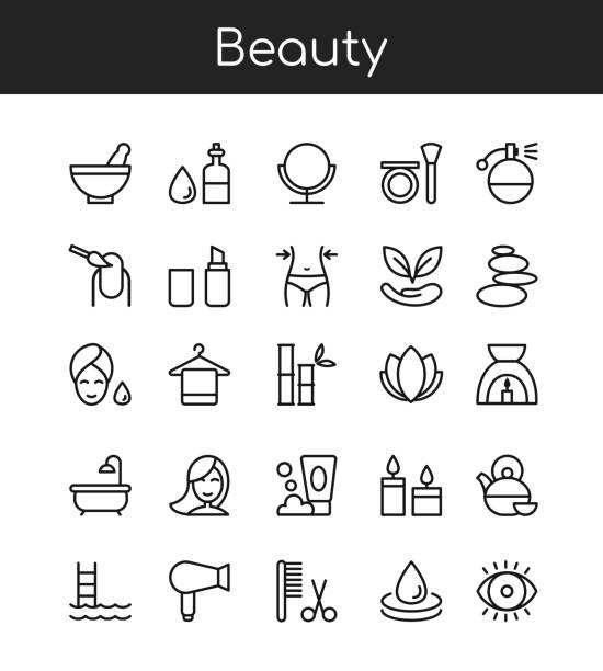 Beauty industry vector linear icons set for manicure, spa bath, cosmetic, makeup Beauty industry vector linear icons set. Manicure, spa bath, cosmetic, makeup outline cliparts. Facial care, beauty salon products pictograms collection. Hairdresser tools thin line illustration mirror object drawings stock illustrations
