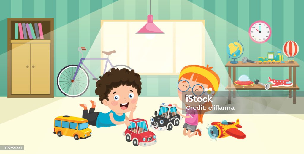 Vetores de Crianças Brincando Com Carros De Corrida Brinquedos e