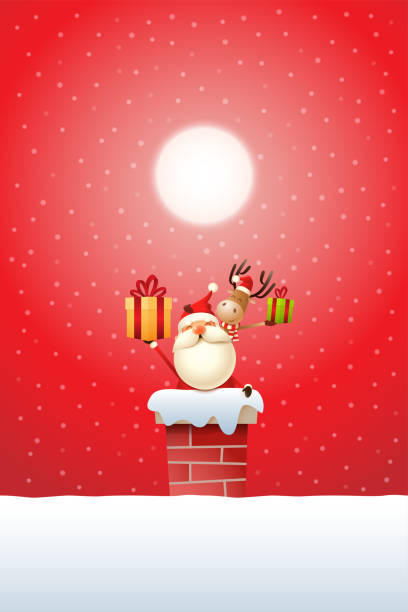 Santa Claus and Reindeer on the chimney with gifts - red snowy moonlight background Santa Claus and Reindeer on the chimney with gifts - red snowy moonlight background santas helpers stock illustrations