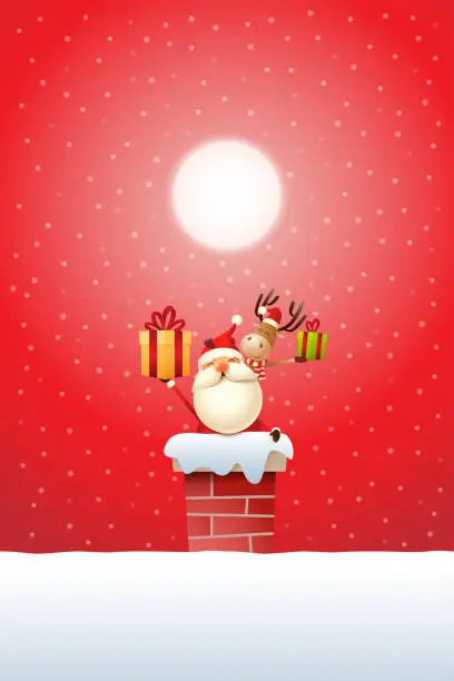 Vector illustration of Santa Claus and Reindeer on the chimney with gifts - red snowy moonlight background