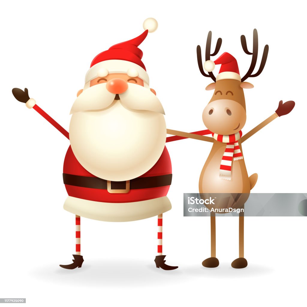 Cute Happy Santa Claus And Reindeer Celebrate Christmas Isolated On ...