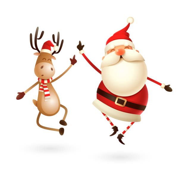 glücklicher ausdruck von weihnachtsmann und reindeer - sie springen gerade nach oben und bringen ihre fersen klatschend zusammen - rentier stock-grafiken, -clipart, -cartoons und -symbole