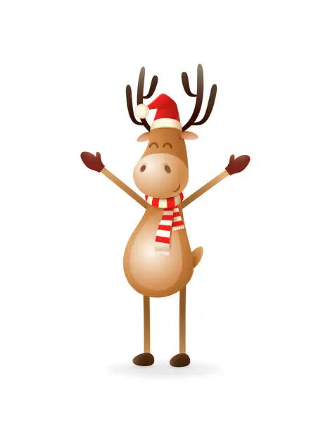 Vector illustration of Cute Reindeer put hands up - celebrate Christmas and New year