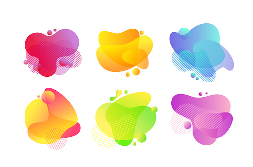 Fluid bubbles abstract illustrations set. Dynamic brushstrokes, colorful spots. Lava, gradient splashes isolated vector design elements. Yellow, blue, green flat shape on white background