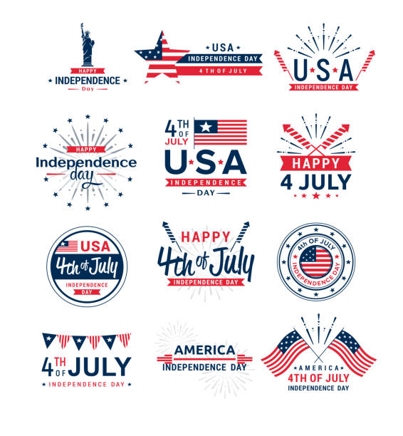 Vector illustration set of 4th of July greeting logos, United Stated independence day greeting. Fourth of July typographic elements collection for design, greeting card, banner, isolated on white background. Vector illustration set of 4th of July greeting logos, United Stated independence day greeting. Fourth of July typographic elements collection for design, greeting card, banner, isolated on white background patriotism illustrations stock illustrations