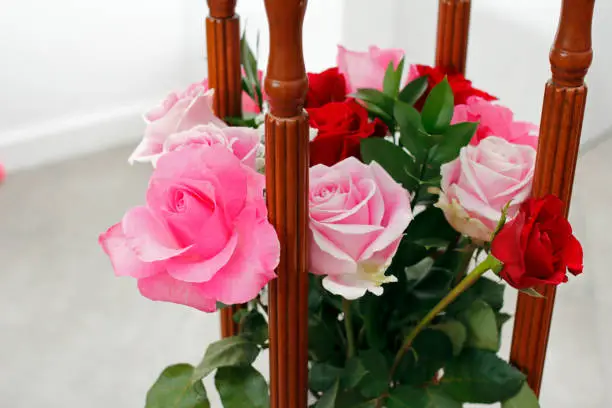 Beautiful pink and red roses flowers bouquet in between four wooden columns of a side table. Pink and red roses flowers with four wooden table columns close-up