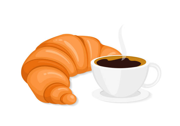 커피와 크루아상 플랫 스타일 벡터 일러스트 - cafe breakfast coffee croissant stock illustrations