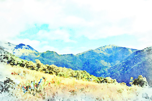 This is my Photographic Image of a Mountain Landscape in a Watercolour Effect. Because sometimes you might want a more illustrative image for an organic look. This is Mt Arthur in the Motueka Region of the Tasman District on New Zealand.