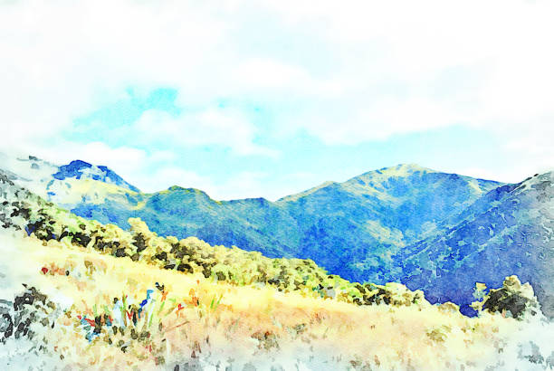 Watercolor Illustration of a Mountain Landscape This is my Photographic Image of a Mountain Landscape in a Watercolour Effect. Because sometimes you might want a more illustrative image for an organic look. This is Mt Arthur in the Motueka Region of the Tasman District on New Zealand. motueka photos stock pictures, royalty-free photos & images