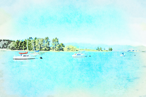 This is my Photographic Image of a Coastal Landscape in a Watercolour Effect. Because sometimes you might want a more illustrative image for an organic look. This is the Mapua Inlet in the Motueka Region of the Tasman District on New Zealand.