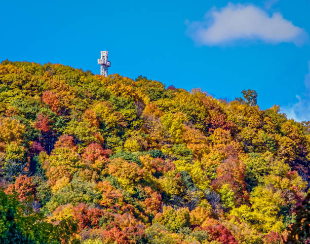 cruz real del monte de montreal en otoño - cross autumn sky beauty in nature fotografías e imágenes de stock