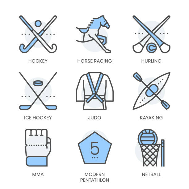 Sports related, square line color vector icon set Sports related, square line color vector icon set for applications and website development. The icon set is pixelperfect with 64x64 grid. Crafted with precision and eye for quality. pentathlon stock illustrations