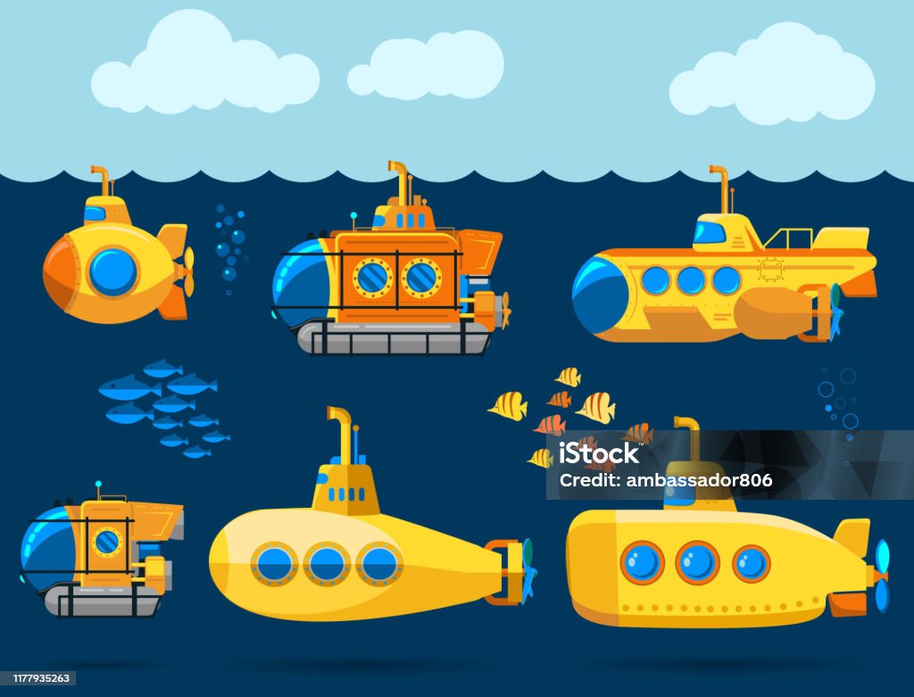 Bathyscaphe cartoon, Yellow Submarine sea research transport. Vector - Royalty-free Submarino - Veículo Aquático arte vetorial