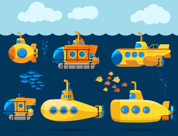 ilustrações de stock, clip art, desenhos animados e ícones de bathyscaphe cartoon, yellow submarine sea research transport. vector - periscópio