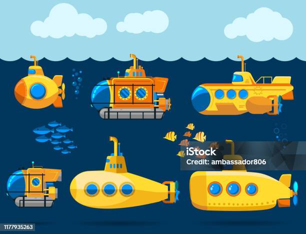 Bathyscaphe Cartoon Yellow Submarine Sea Research Transport Vector - Arte vetorial de stock e mais imagens de Submarino - Veículo Aquático