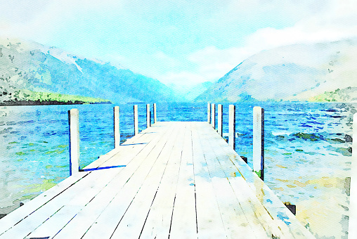 This is my Photographic Image of a Lake and Jetty Landscape in a Watercolour Effect. Because sometimes you might want a more illustrative image for an organic look. This is the Nelson Lakes National Park of the Tasman District on New Zealand