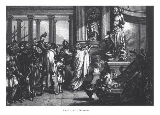 istock Sacrifice to Neptune, Gods and Mythological Creatures Engraving Antique Illustration, Published 1851 1177936419
