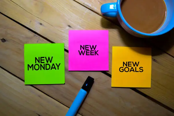 Photo of New Monday New Week New Goals text on sticky notes isolated on table background