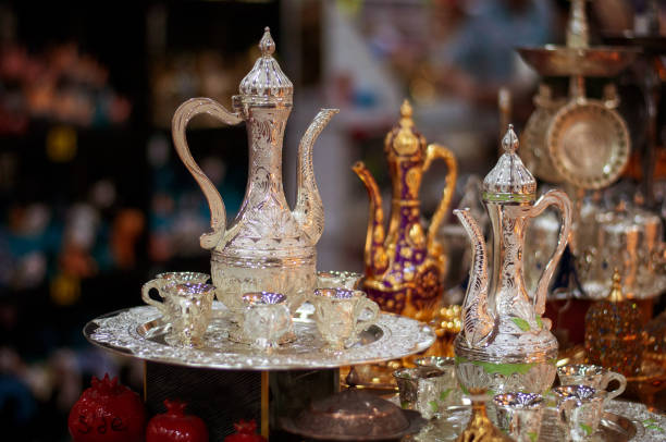 istock Silver tea set in an oriental gift shop. Tea ceremony. 1177943421