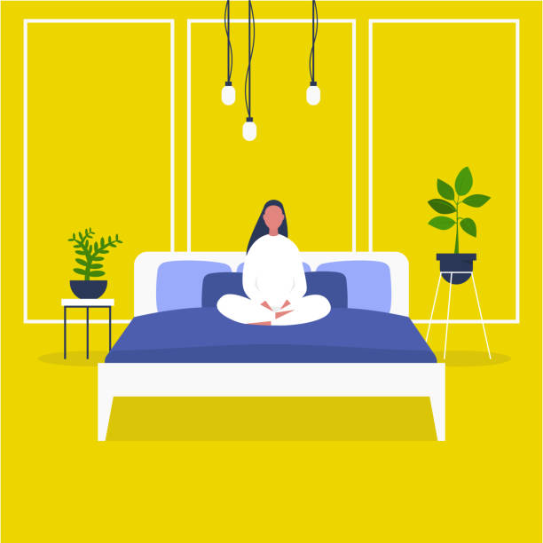 Morning. Wake up. male character sitting in bed. Bedroom front view. Early bird. Flat editable vector illustration, clip art. Millennial lifestyle. Morning. Wake up. male character sitting in bed. Bedroom front view. Early bird. Flat editable vector illustration, clip art. Millennial lifestyle. bedroom clipart stock illustrations