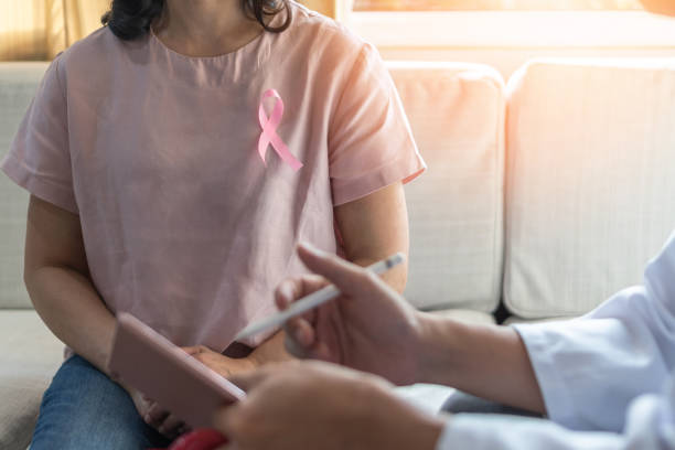 Breast cancer pink awareness ribbon on woman patient consulting with doctor who diagnostic examining on obstetric - gynaecological female illness in medical clinic or hospital Breast cancer pink awareness ribbon on woman patient consulting with doctor who diagnostic examining on obstetric - gynaecological female illness in medical clinic or hospital social awareness symbol audio stock pictures, royalty-free photos & images