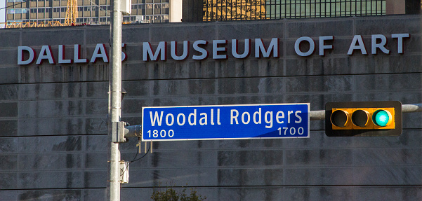 The Dallas museum of art and woodall rodgers ave sign in the foreground