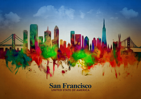 Abstract watercolor art print of the skyline of San Francisco, United States