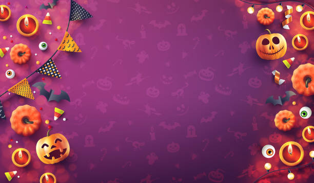 ilustraciones, imágenes clip art, dibujos animados e iconos de stock de fondo de halloween con luz de vela, calabaza y elementos de halloween en el fondo del patrón sin costuras. fecha romántica noche concept.website espeluznante, fondo o banner plantilla de halloween. ilustración vectorial eps 10 - aparición acontecimiento