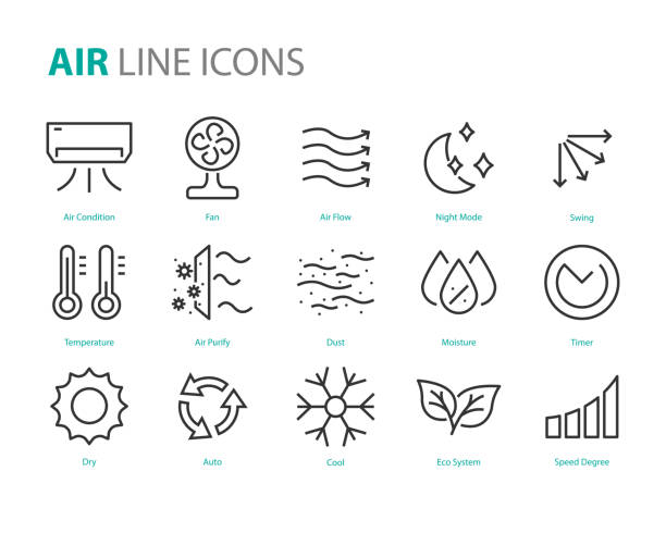 set of air icons, air condition, heater, dust, temperature, purify set of air icons, air condition, heater, dust, temperature, purify wind icons stock illustrations