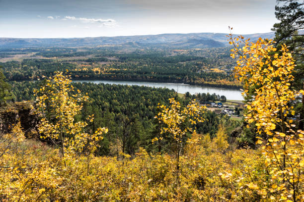 istock River, rock and autumn forest. View from above. 1177969835