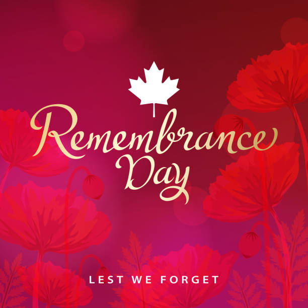 Remembrance Day Canada The ceremony of Remembrance Day that honors all military heroes who died in the First World War for the Commonwealth member states, red poppy blooming is a symbol of remembrance and hope for peaceful world military parade stock illustrations