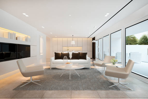 3d rendering white modern living room near kitchen and outdoor terrace - 2586 imagens e fotografias de stock