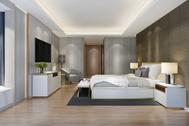 istock 3d rendering beautiful luxury bedroom suite in hotel with tv 1177979894
