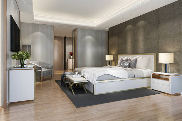 3d rendering schöne luxus-schlafzimmer-suite im hotel mit tv - 2589 stock-fotos und bilder