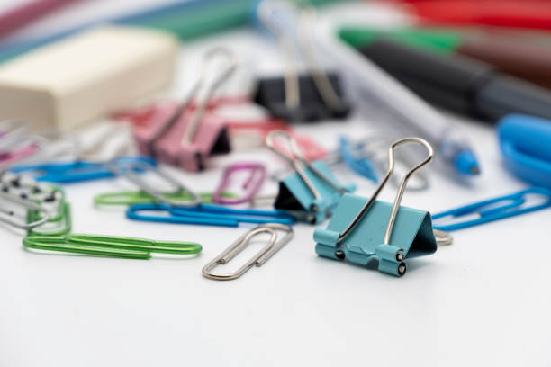 istock Colorful office tools set, pen, binder, paper clip, pencils, eraser on white background 1177986597