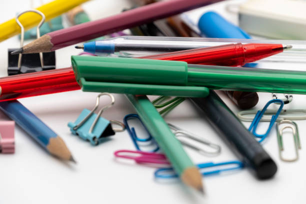 istock Colorful office tools set, pen, binder, paper clip, pencils, eraser on white background 1177986667