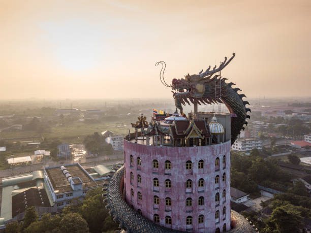 veduta aerea di wat samphran, tempio del drago nel distretto di sam phran nella provincia di nakhon pathom vicino a bangkok, thailandia. - buddha thailand spirituality wisdom foto e immagini stock