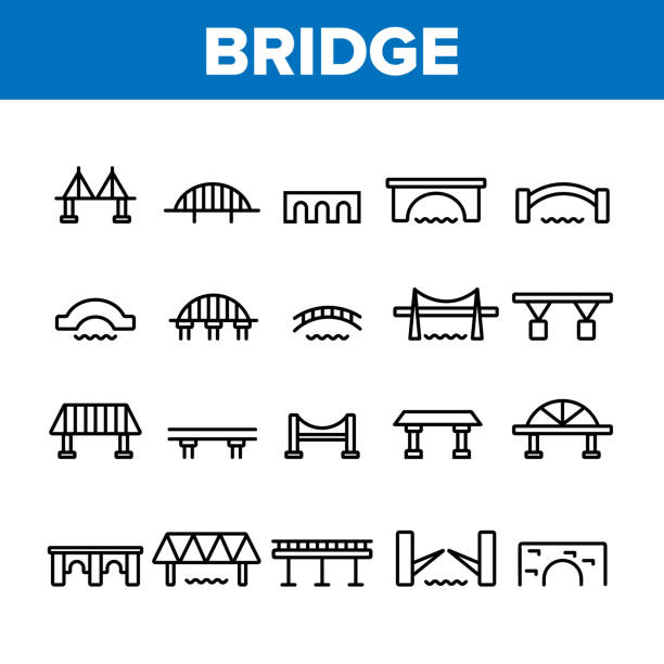 bridge construction collection icons set vector - brücken im hintergrund stock-grafiken, -clipart, -cartoons und -symbole