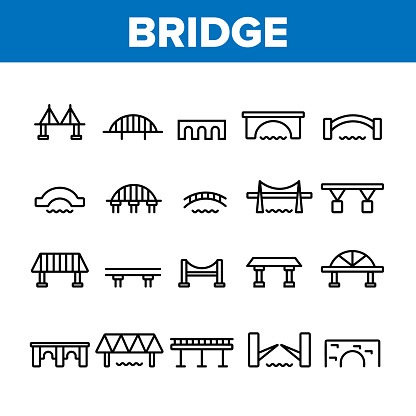 Bridge Construction Collection Icons Set Vector Thin Line. Concrete And Metal, Suspended And Pedestrian Bridge Concept Linear Pictograms. Crossing River Way Monochrome Contour Illustrations