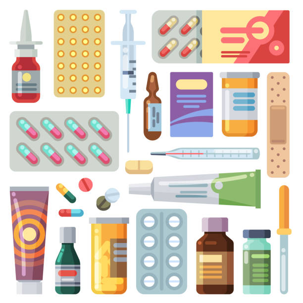 illustrazioni stock, clip art, cartoni animati e icone di tendenza di pillole piatte. medicine cartoni animati farmaci, compresse e antibiotici. dose di farmaci, capsule vitaminiche icone set vettoriale - antibiotic pain cut out bottle