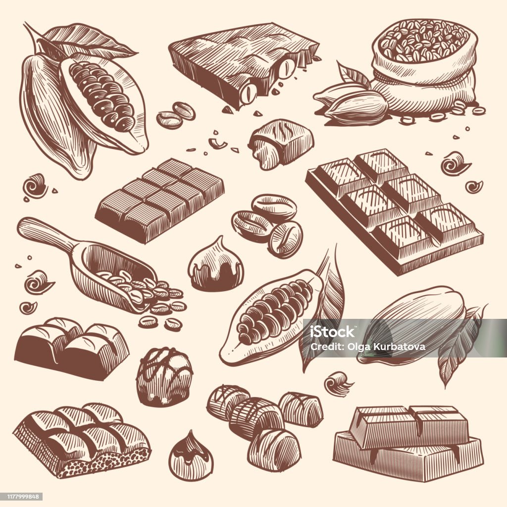 Эскиз какао и шоколада. Семена какао и кофе, шоколадные батончики и конфеты. Ручная нарисованная сладость изолированный набор векторов - Векторная графика Шоколад роялти-фри