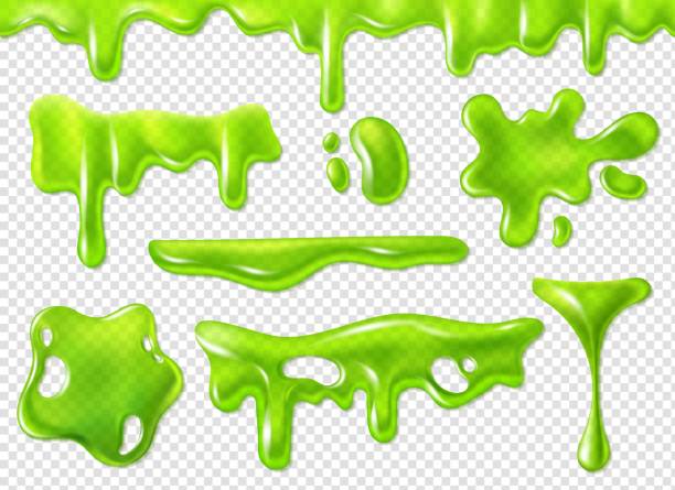 Green slime. Slimy purulent blots, goo splashes and mucus smudges. Realistic halloween elements isolated vector set Green slime. Slimy purulent blots, goo splashes and mucus smudges. Realistic halloween elements isolated vector decorative forms dripping toxic set slimy stock illustrations