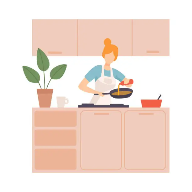 Vector illustration of Woman pours oil in the pan nor in the kitchen. Vector illustration