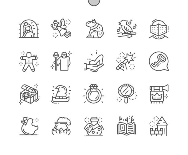 ilustrações de stock, clip art, desenhos animados e ícones de fairy tales well-crafted pixel perfect vector thin line icons 30 2x grid for web graphics and apps. simple minimal pictogram - apple fruit surreal bizarre