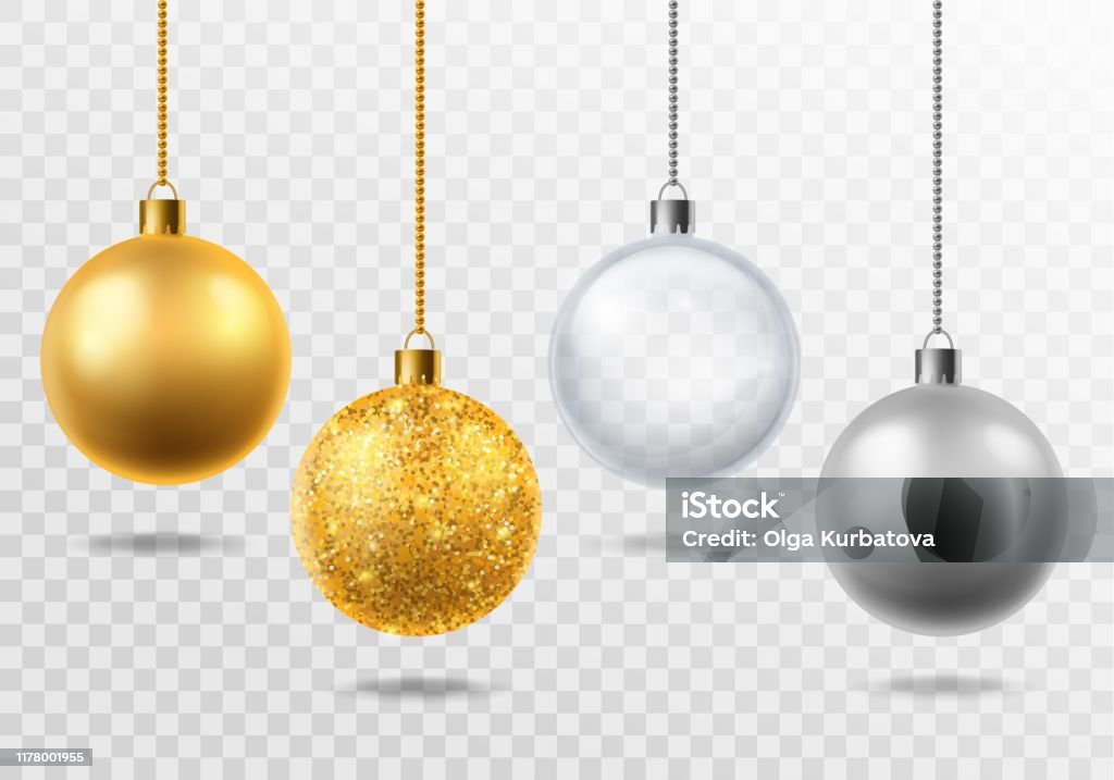 Vetores de Brinquedos Realísticos Da Árvore De Natal Dourado Com Glitter  Prata E Esferas De Vidro Transparentes Decoração Do Natal Vetor Isolado 3d  Ajustado e mais imagens de Bola de Árvore de