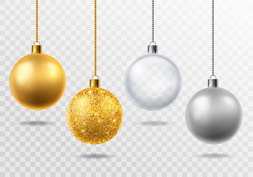 Realistic christmas tree toys. Golden with glitter, silver and transparent glass balls christmas decoration Vector isolated 3d holiday magic set