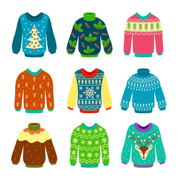 ilustraciones, imágenes clip art, dibujos animados e iconos de stock de suéter de navidad feo. jerseys de punto con patrones de invierno, copos de nieve y ciervos. navidad divertida ropa acogedora. conjunto de vectores aislados - ugliness sweater kitsch holiday